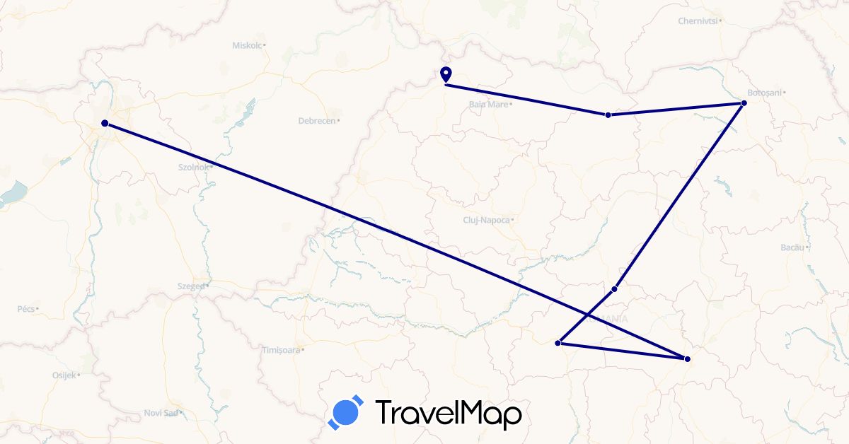 TravelMap itinerary: driving in Hungary, Romania (Europe)